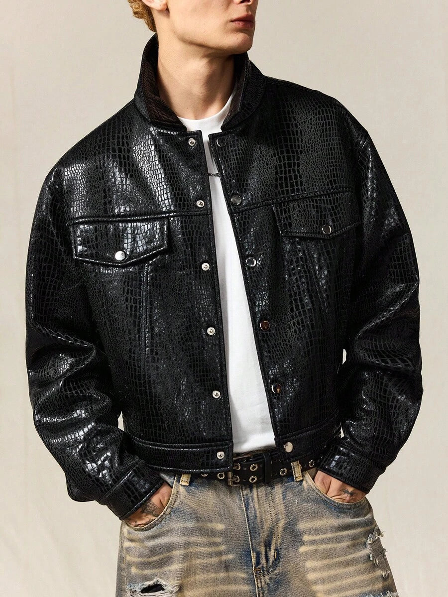 Men's Faux Crocodile Texture Single-Breasted Loose Fit Jacket Coat