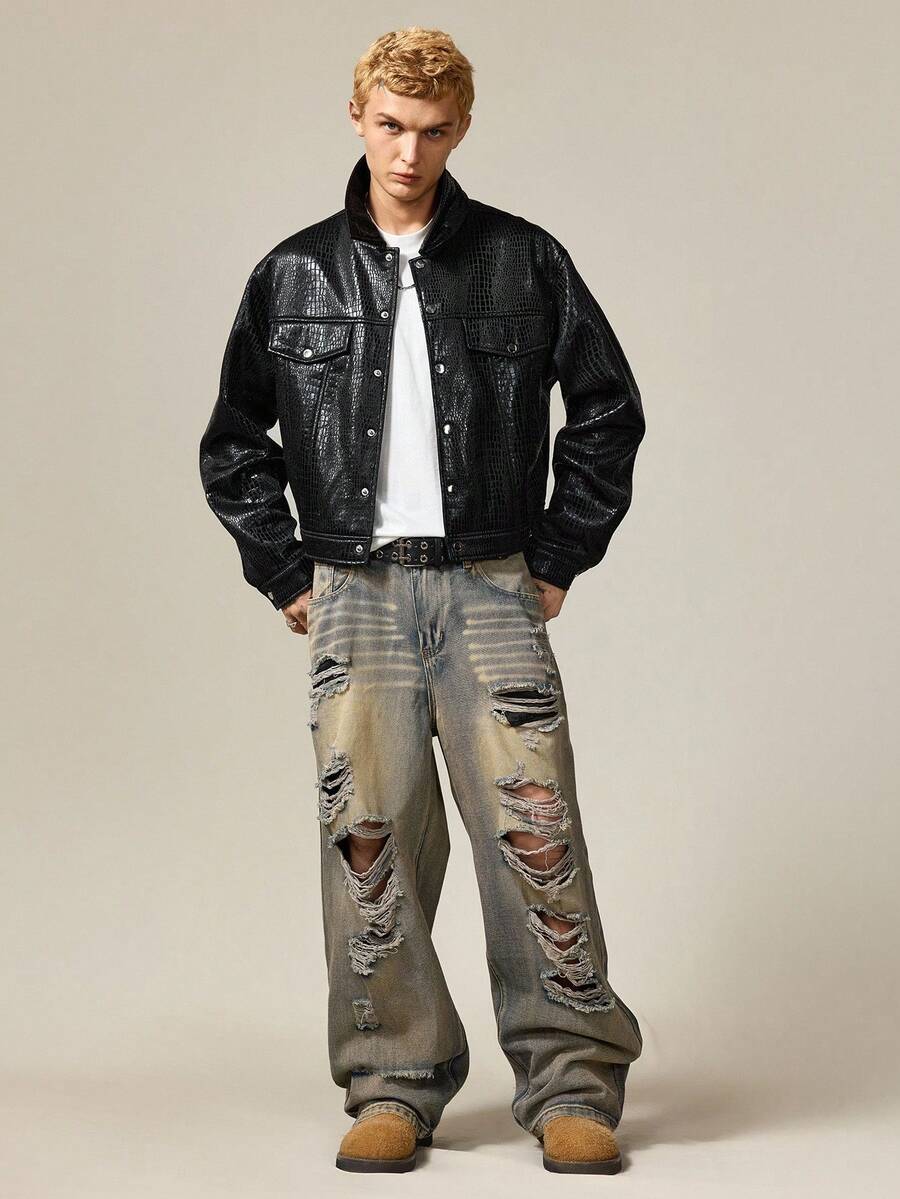 Men's Faux Crocodile Texture Single-Breasted Loose Fit Jacket Coat
