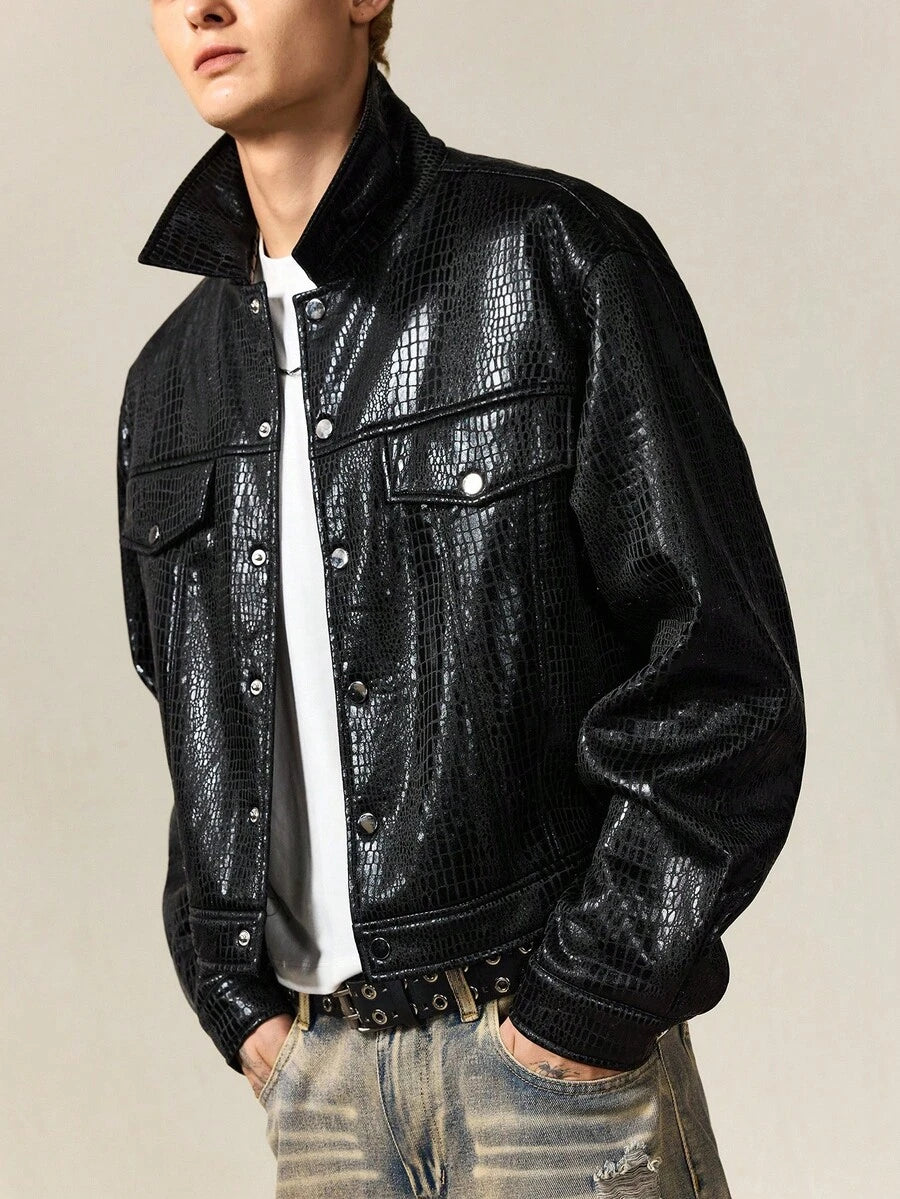 Men's Faux Crocodile Texture Single-Breasted Loose Fit Jacket Coat