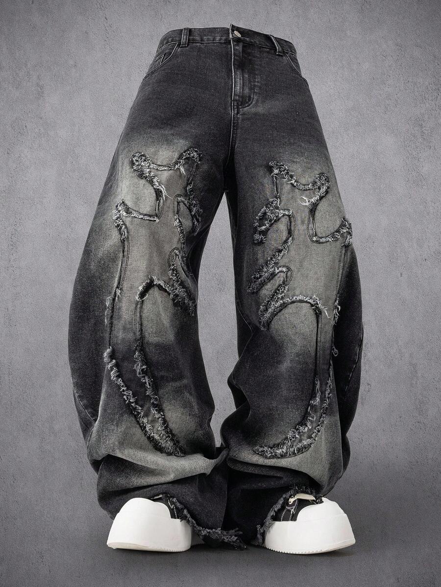 MEN Frayed Hem High Street Embroidered Washed Loose Barrel Leg Jeans