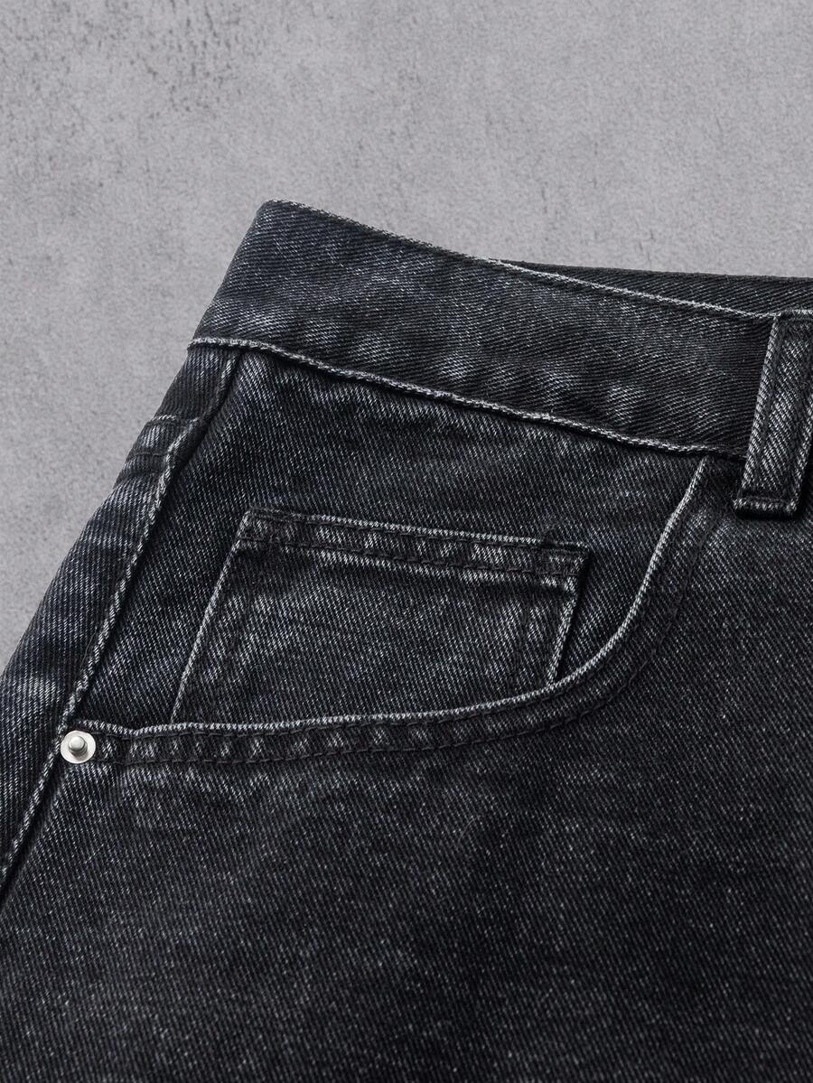 MEN Frayed Hem High Street Embroidered Washed Loose Barrel Leg Jeans