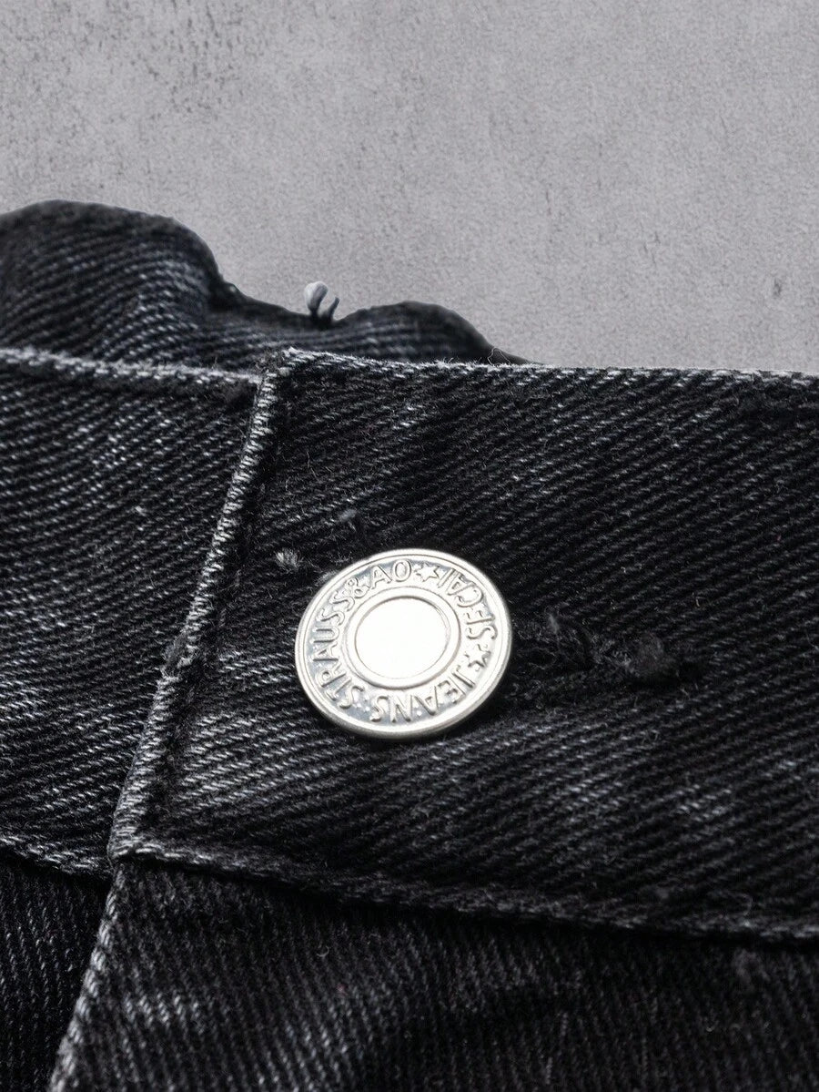 MEN Frayed Hem High Street Embroidered Washed Loose Barrel Leg Jeans