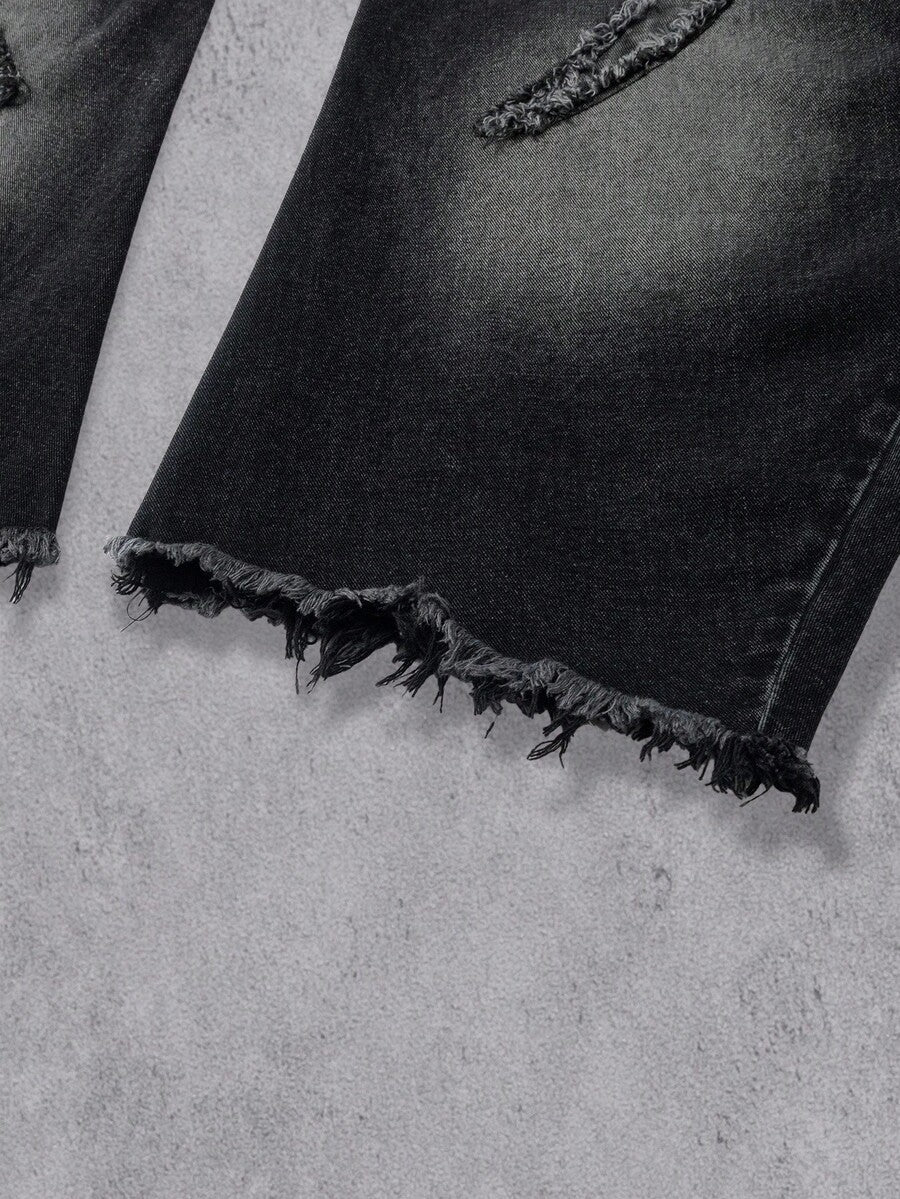 MEN Frayed Hem High Street Embroidered Washed Loose Barrel Leg Jeans