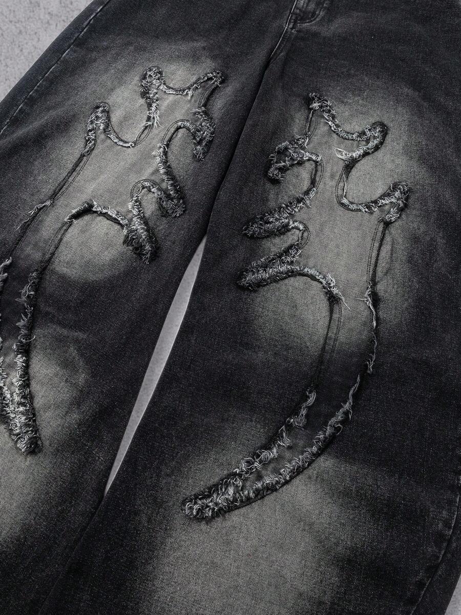 MEN Frayed Hem High Street Embroidered Washed Loose Barrel Leg Jeans