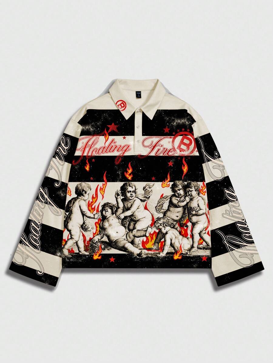 Men's Street Graphic Print Striped Polo Collar Long Sleeve T-Shirt