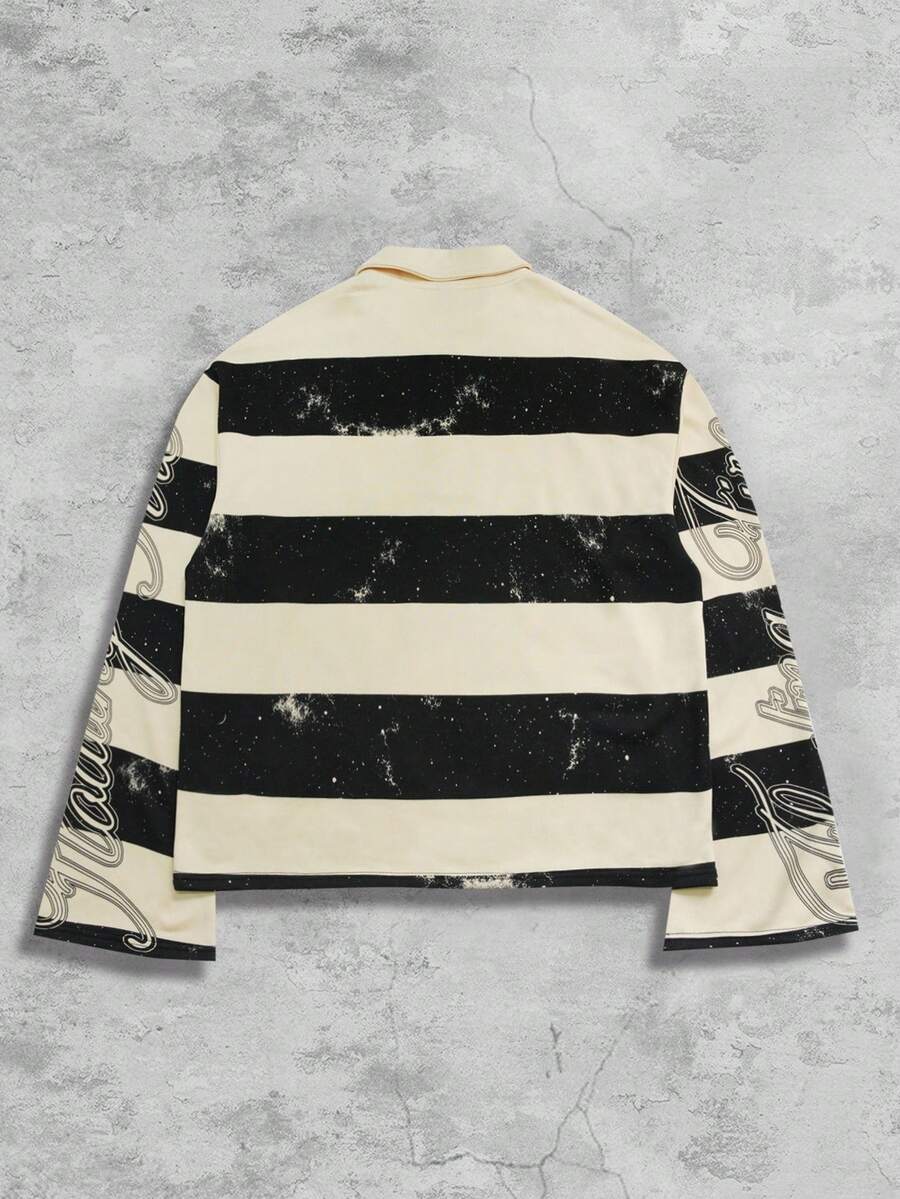 Men's Street Graphic Print Striped Polo Collar Long Sleeve T-Shirt