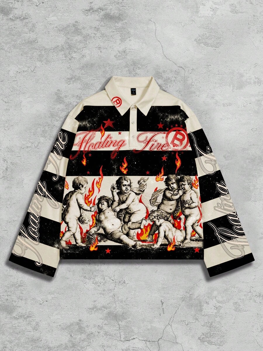 Men's Street Graphic Print Striped Polo Collar Long Sleeve T-Shirt