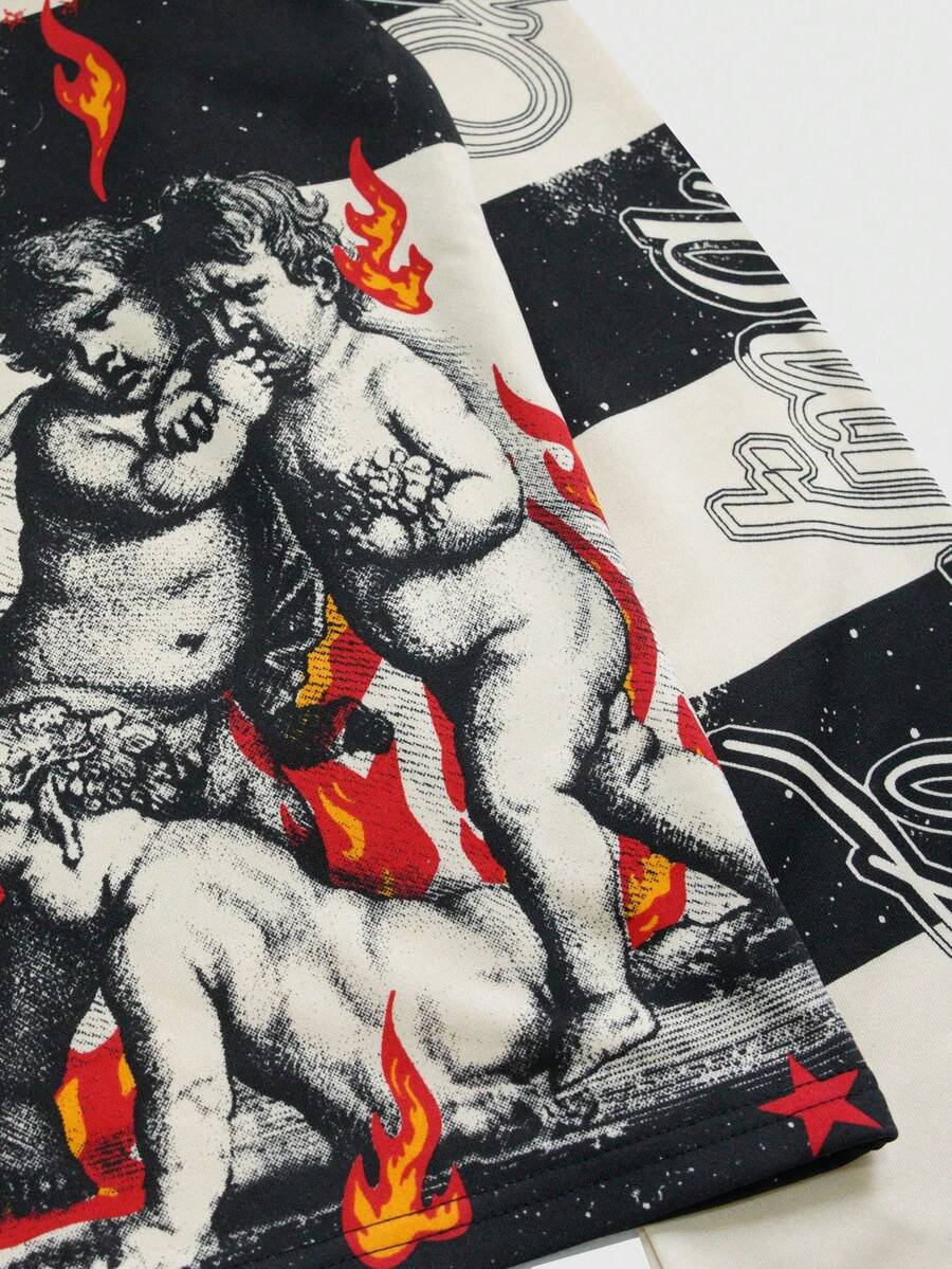 Men's Street Graphic Print Striped Polo Collar Long Sleeve T-Shirt