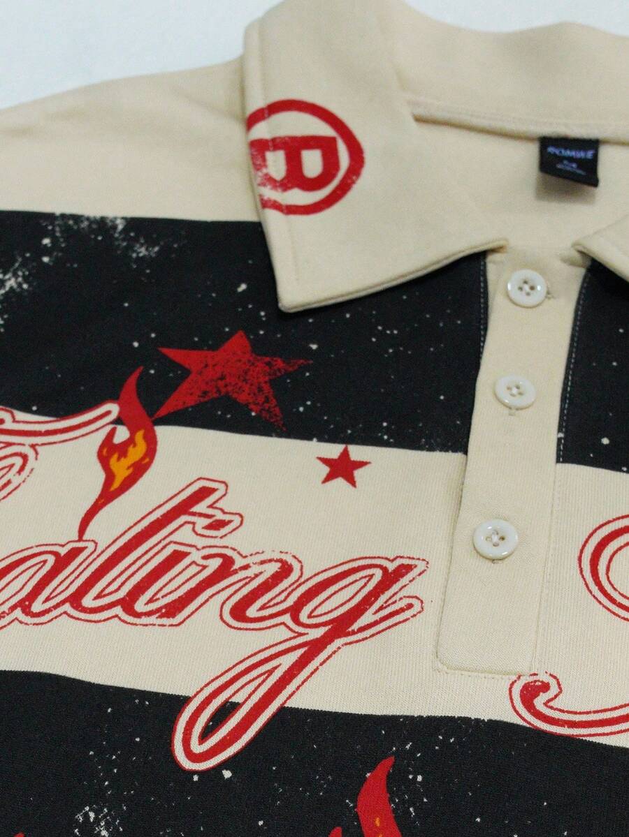 Men's Street Graphic Print Striped Polo Collar Long Sleeve T-Shirt