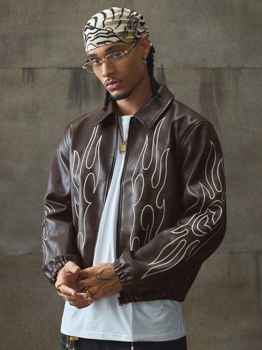 Men's Autumn Flame Pattern Long Sleeve Zip-Up Casual PU Leather Jacket