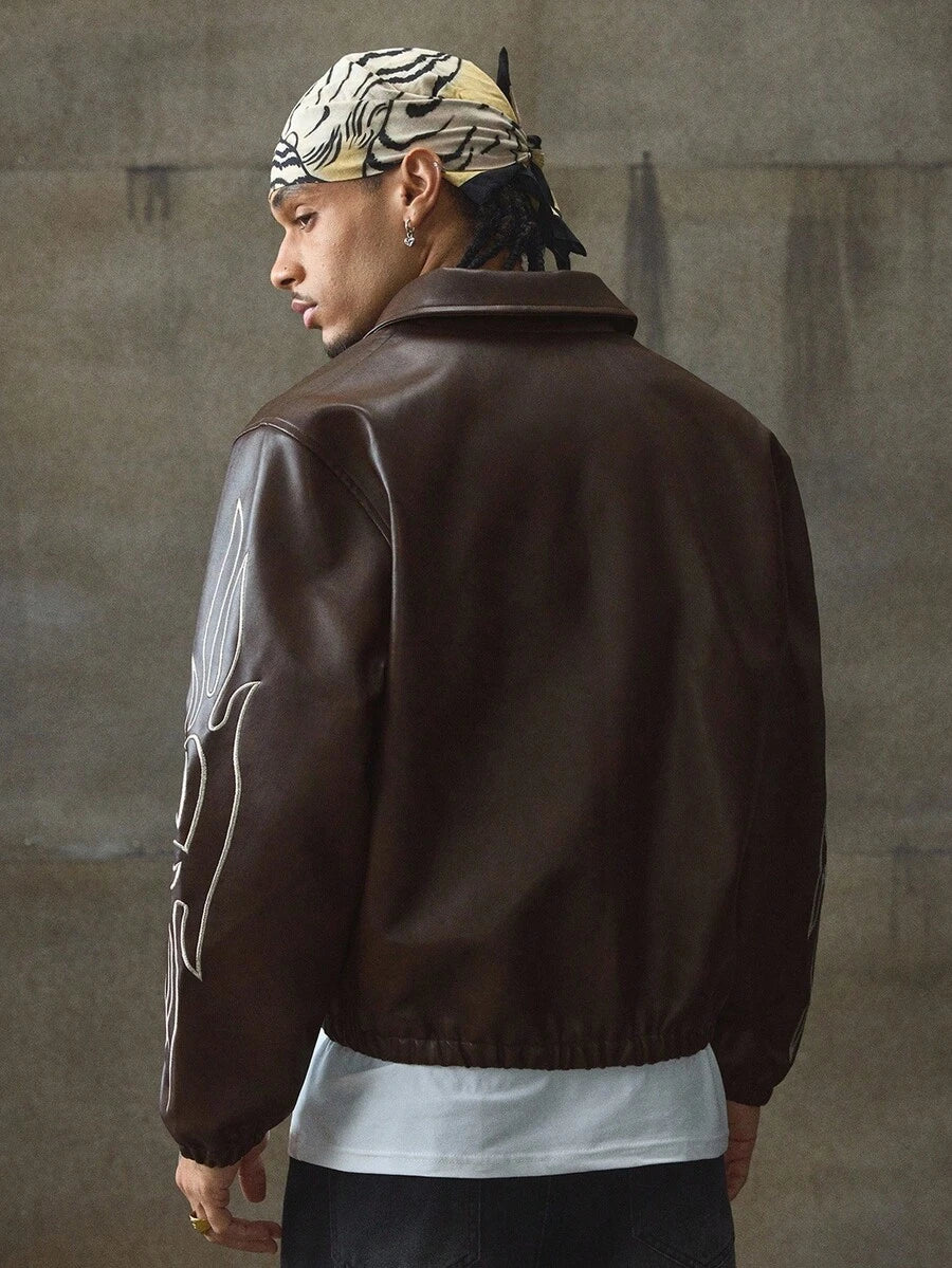 Men's Autumn Flame Pattern Long Sleeve Zip-Up Casual PU Leather Jacket