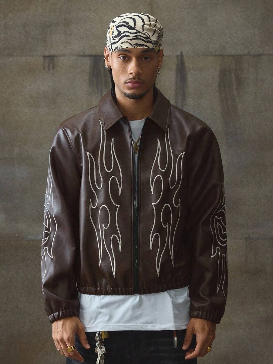 Men's Autumn Flame Pattern Long Sleeve Zip-Up Casual PU Leather Jacket