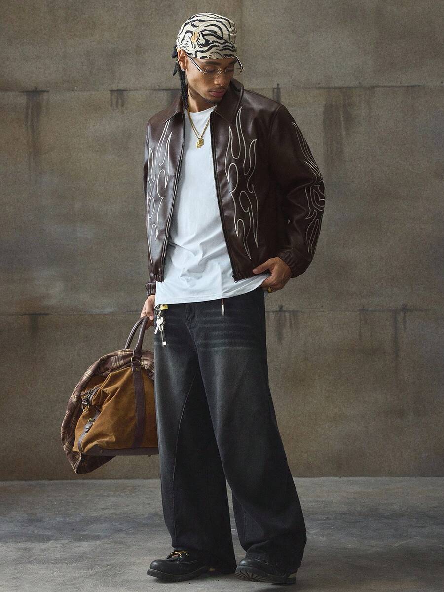 Men's Autumn Flame Pattern Long Sleeve Zip-Up Casual PU Leather Jacket