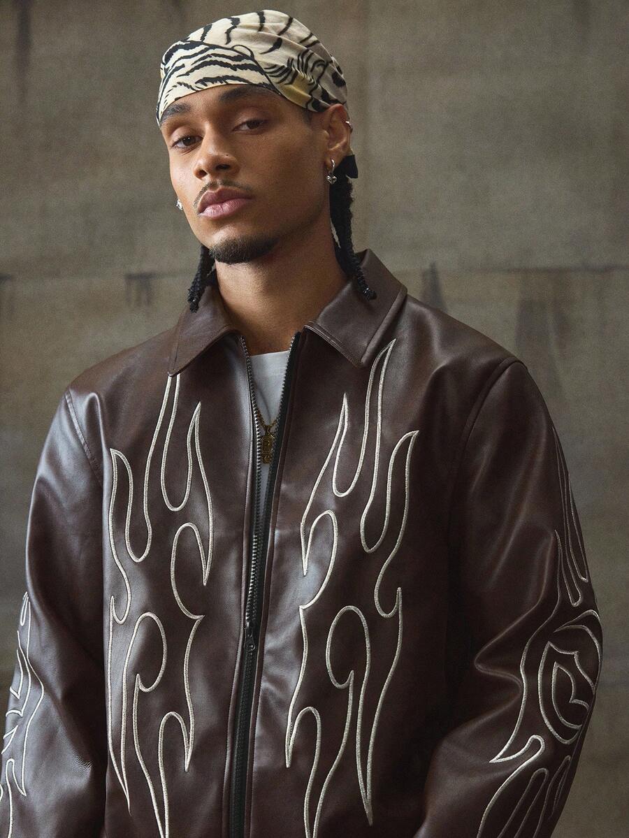 Men's Autumn Flame Pattern Long Sleeve Zip-Up Casual PU Leather Jacket