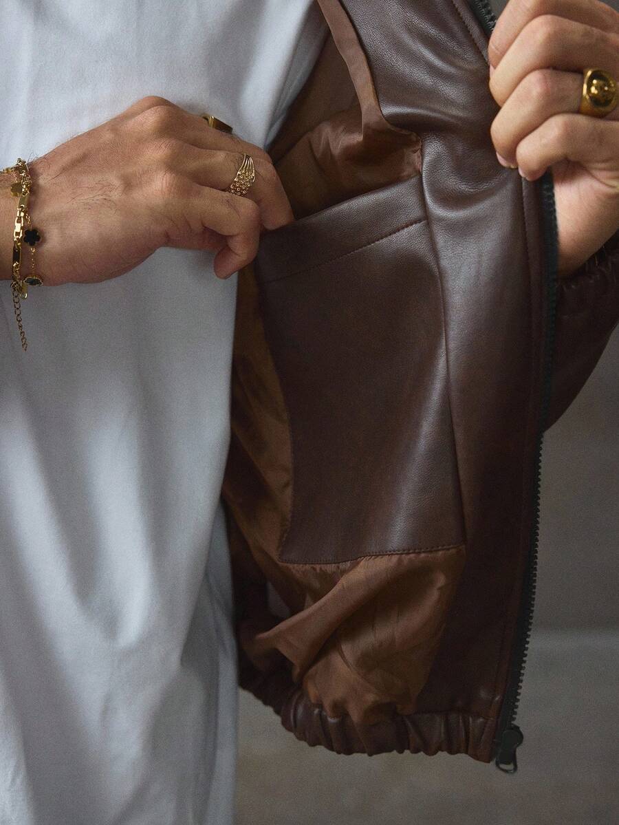 Men's Autumn Flame Pattern Long Sleeve Zip-Up Casual PU Leather Jacket