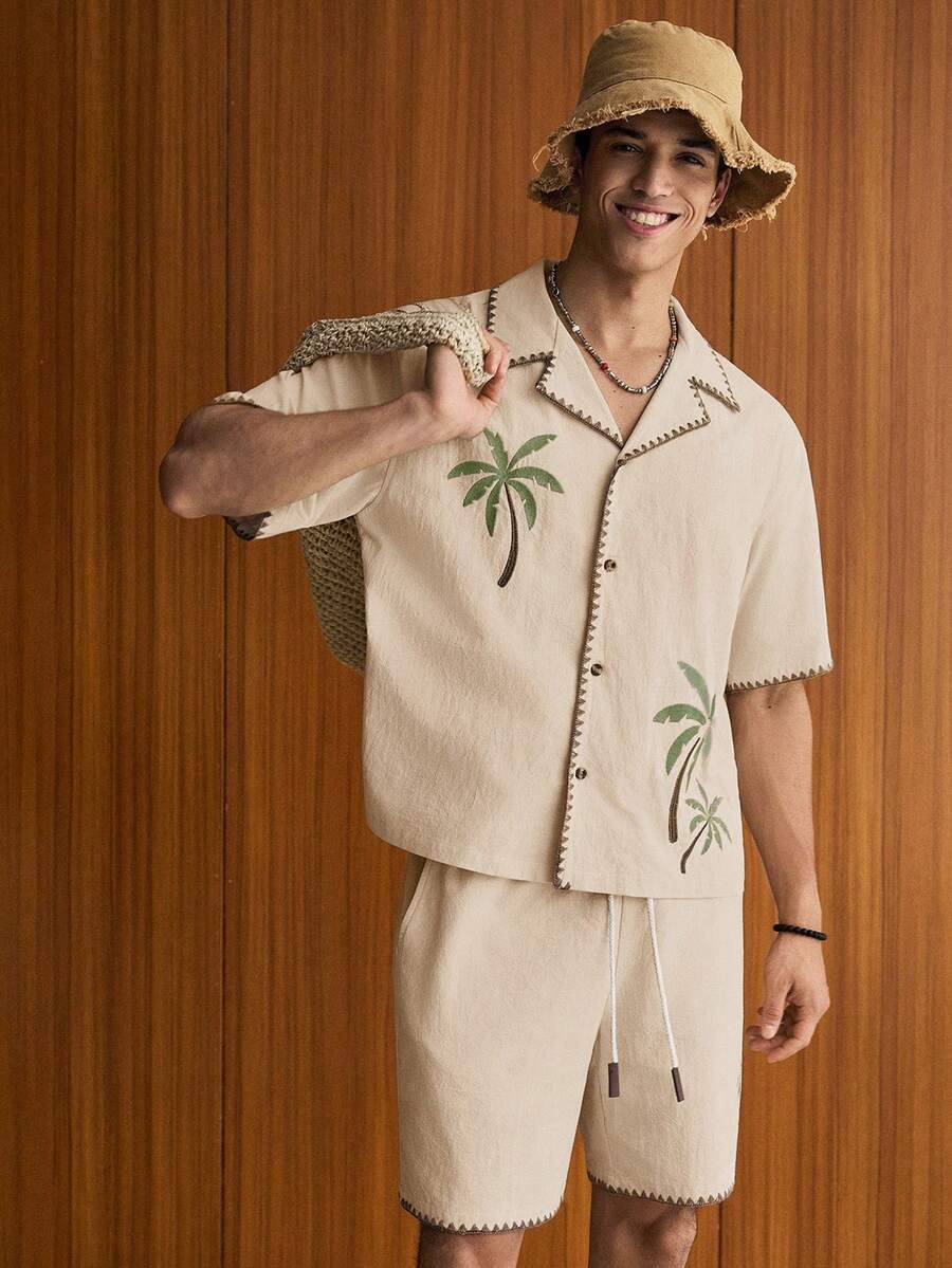 2pcs Men Casual Loose Fit Short Sleeve Shirt And Shorts Set