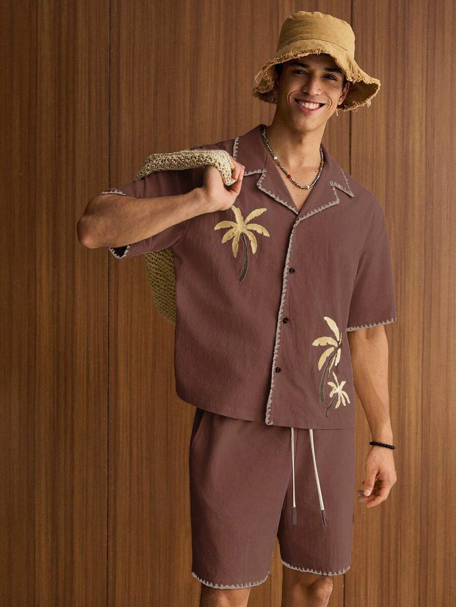 2pcs Men Casual Loose Fit Short Sleeve Shirt And Shorts Set