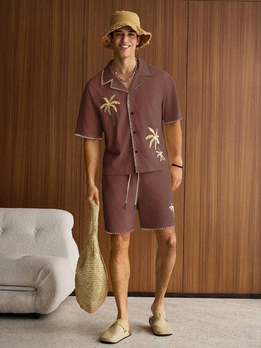 2pcs Men Casual Loose Fit Short Sleeve Shirt And Shorts Set