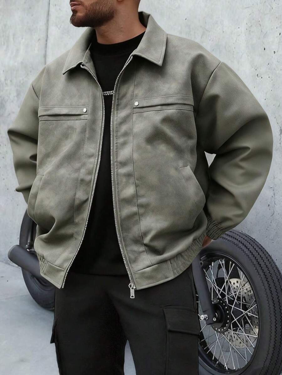 Men's Vintage Worn Full Zipper Lapel Leather Jacket