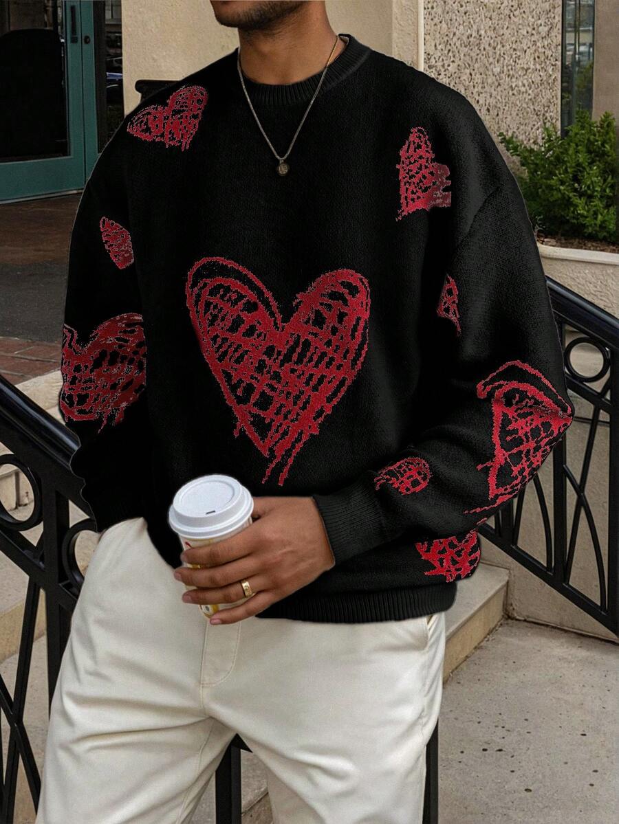 Men's Casual Crew Neck Heart Pattern Knit Sweater