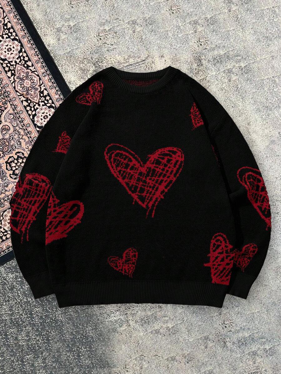 Men's Casual Crew Neck Heart Pattern Knit Sweater