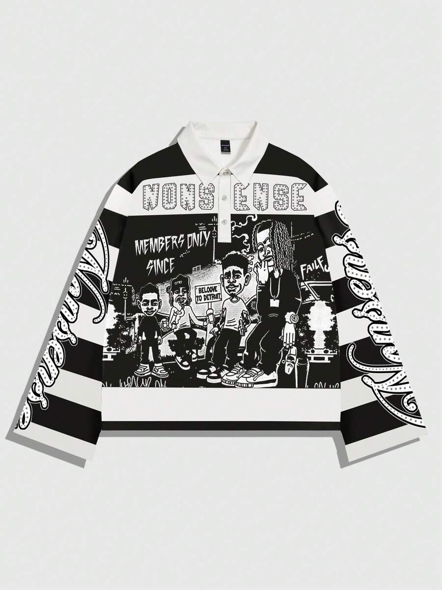 Men's Street Graphic Print Striped Polo Collar Long Sleeve T-Shirt