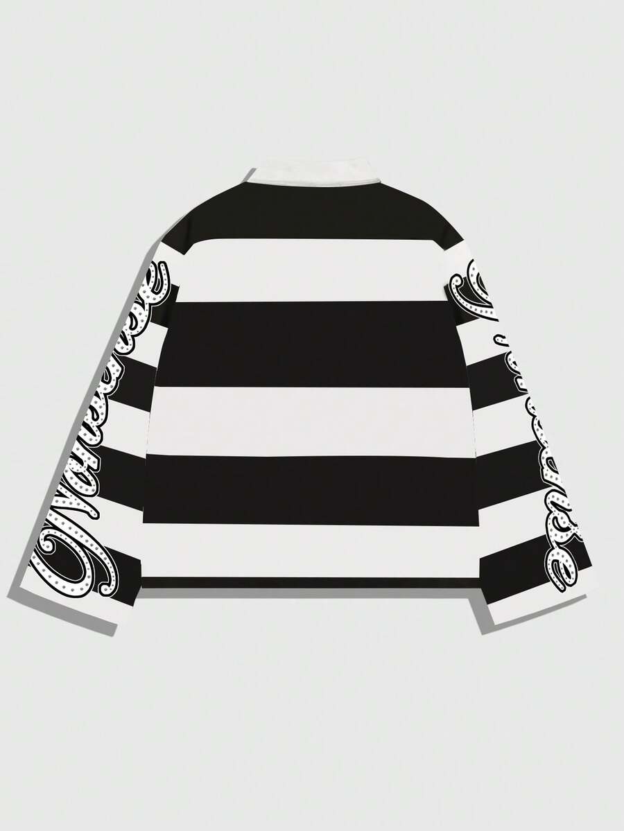 Men's Street Graphic Print Striped Polo Collar Long Sleeve T-Shirt