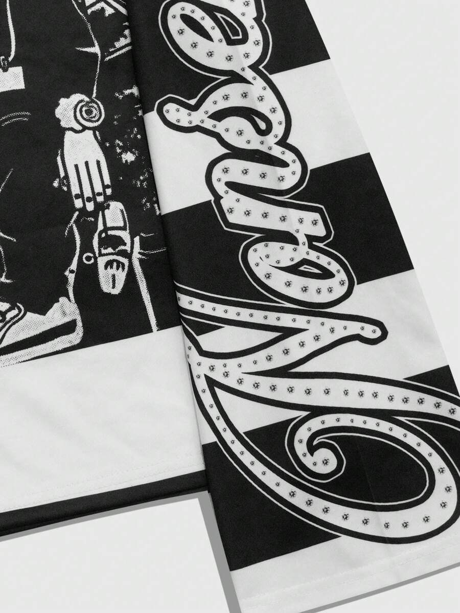 Men's Street Graphic Print Striped Polo Collar Long Sleeve T-Shirt