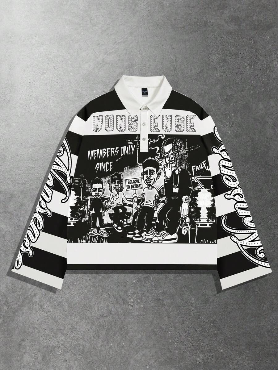 Men's Street Graphic Print Striped Polo Collar Long Sleeve T-Shirt