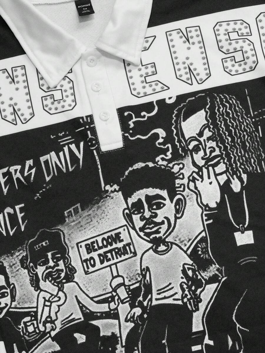 Men's Street Graphic Print Striped Polo Collar Long Sleeve T-Shirt