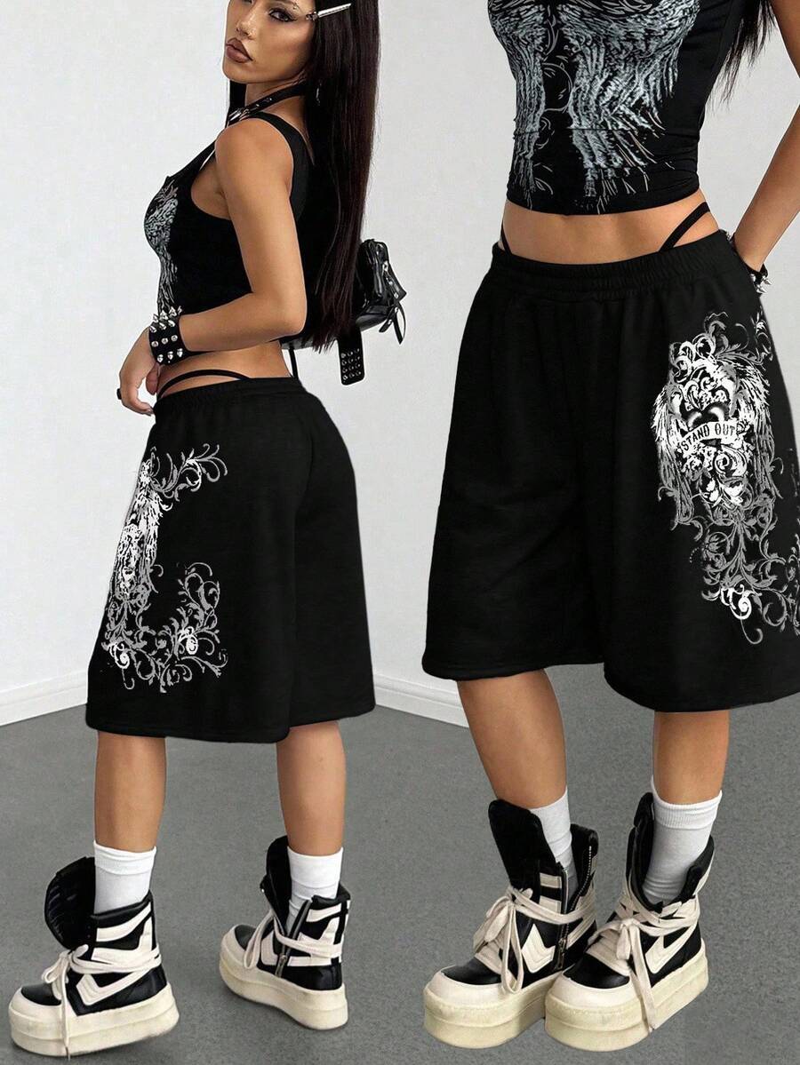 Women's Loose Fit Punk Print Capri Pants