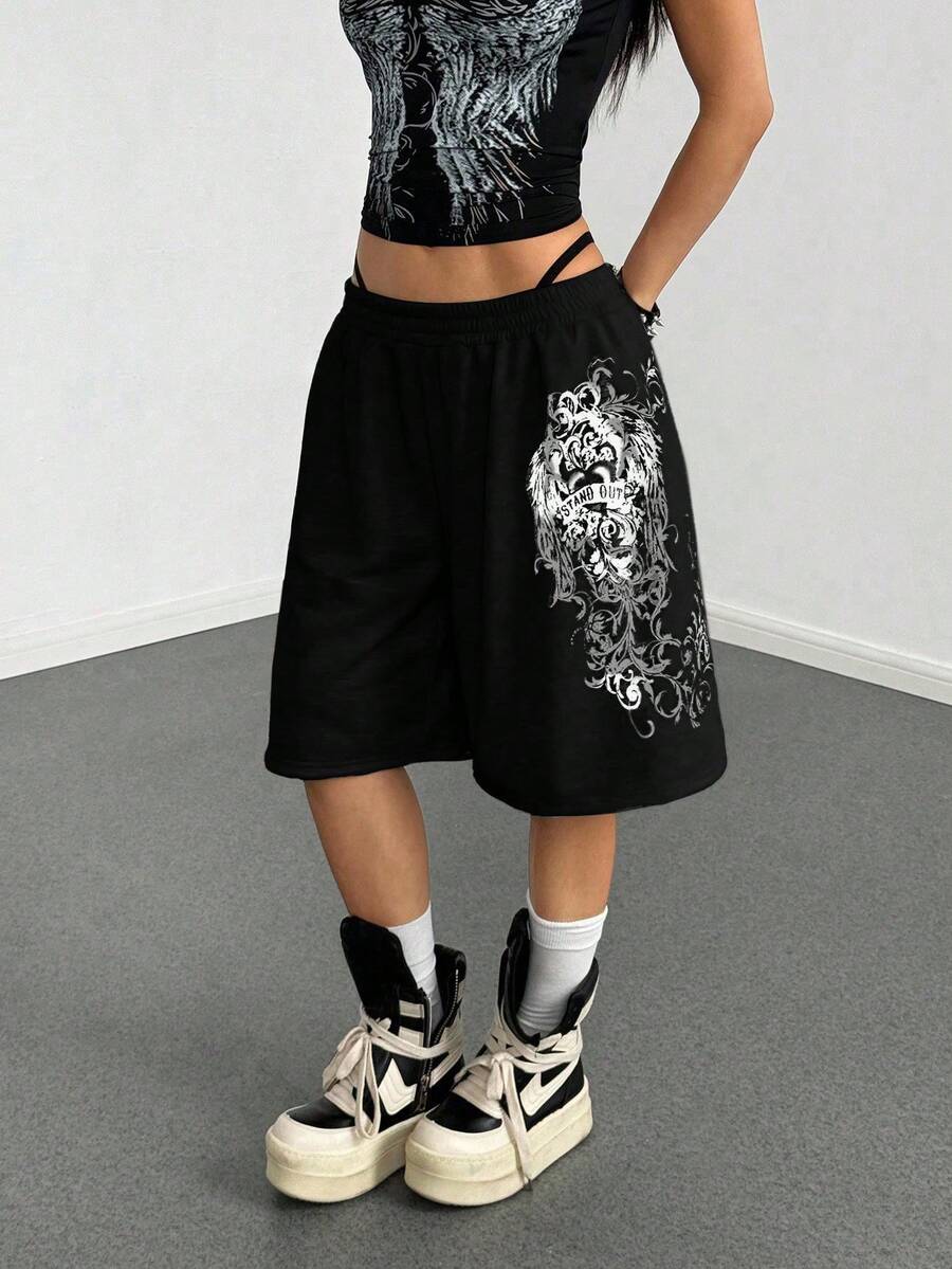 Women's Loose Fit Punk Print Capri Pants