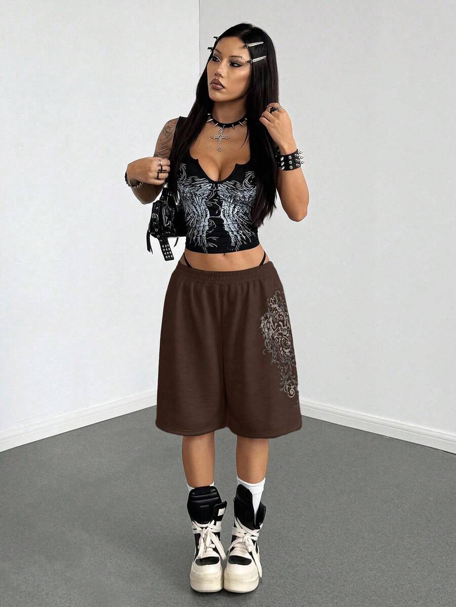 Women's Loose Fit Punk Print Capri Pants