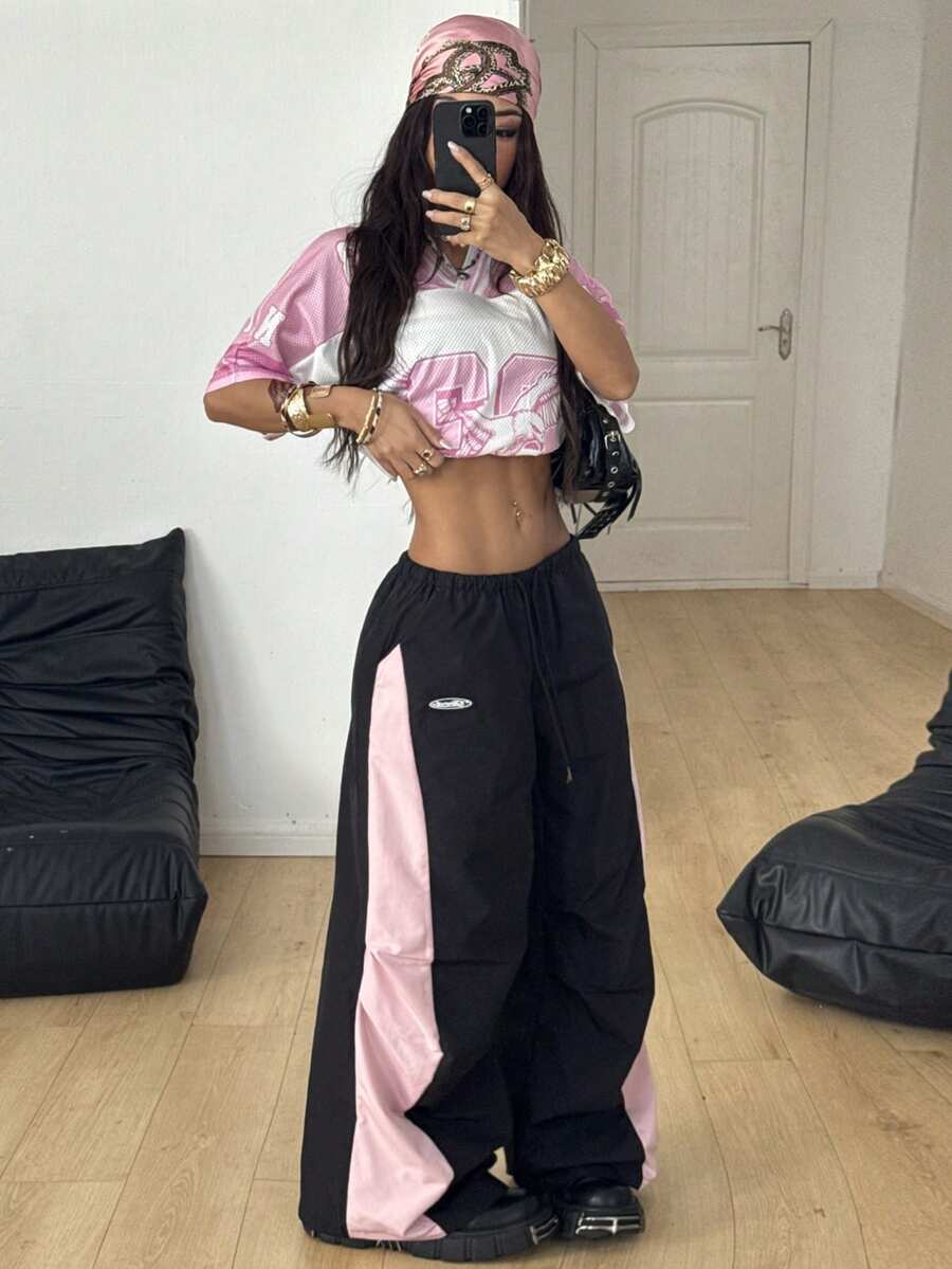 Women's Streetwear Color-Blocked Parachute Pants