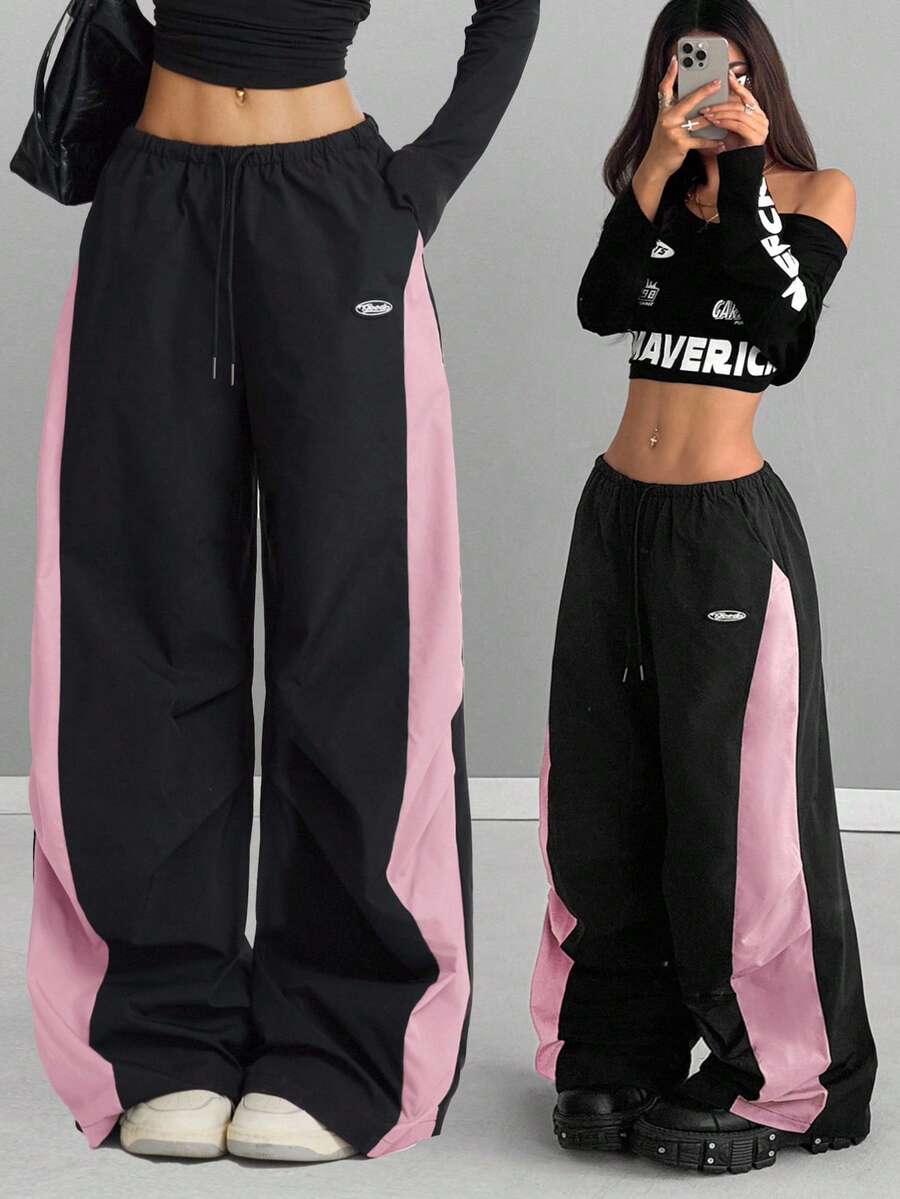 Women's Streetwear Color-Blocked Parachute Pants