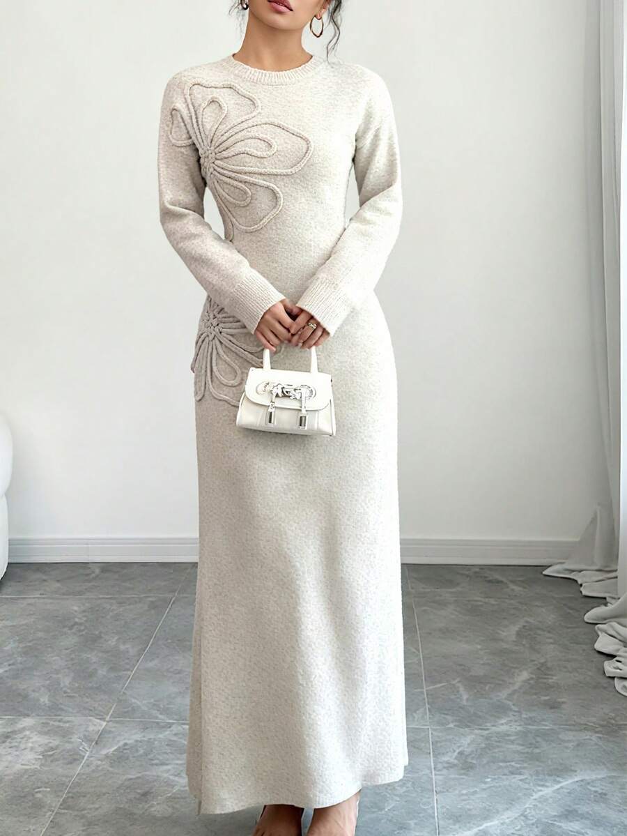 Women's Floral Print Long Sleeve Knitted Sweater Dress