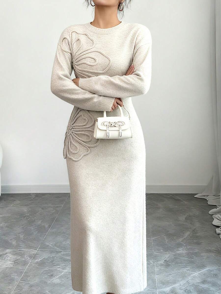 Women's Floral Print Long Sleeve Knitted Sweater Dress