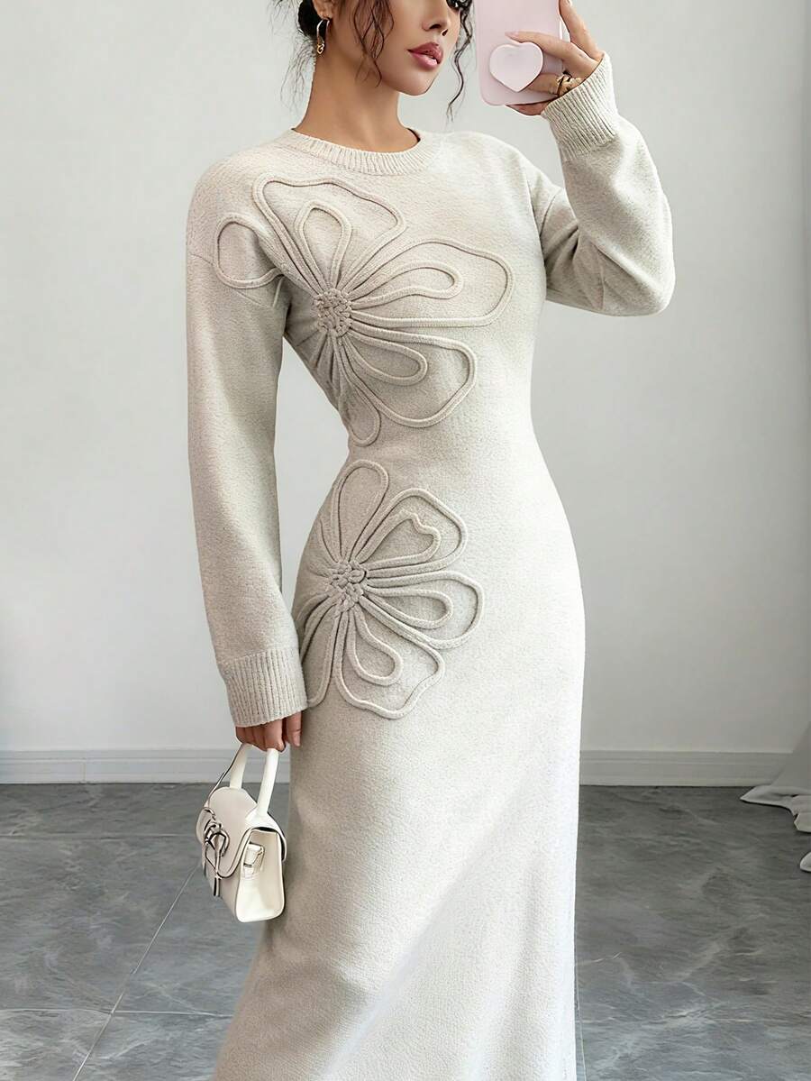 Women's Floral Print Long Sleeve Knitted Sweater Dress