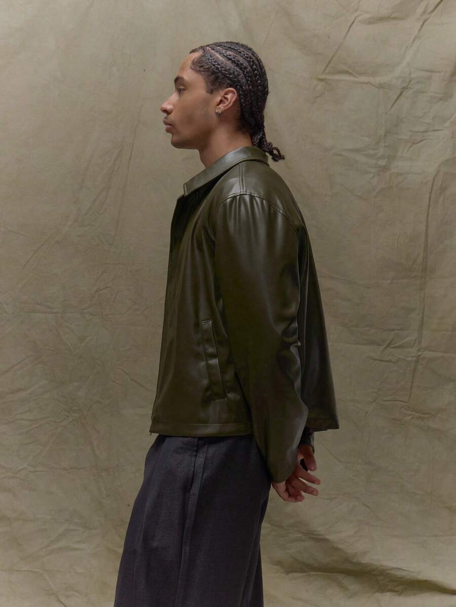 Boxy Fit Leather Long Sleeve Leather Jacket