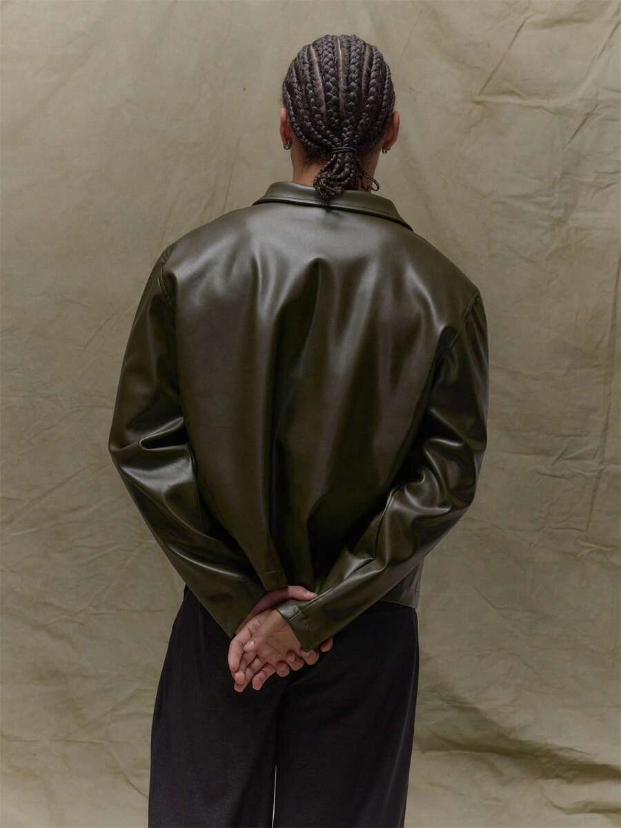 Boxy Fit Leather Long Sleeve Leather Jacket