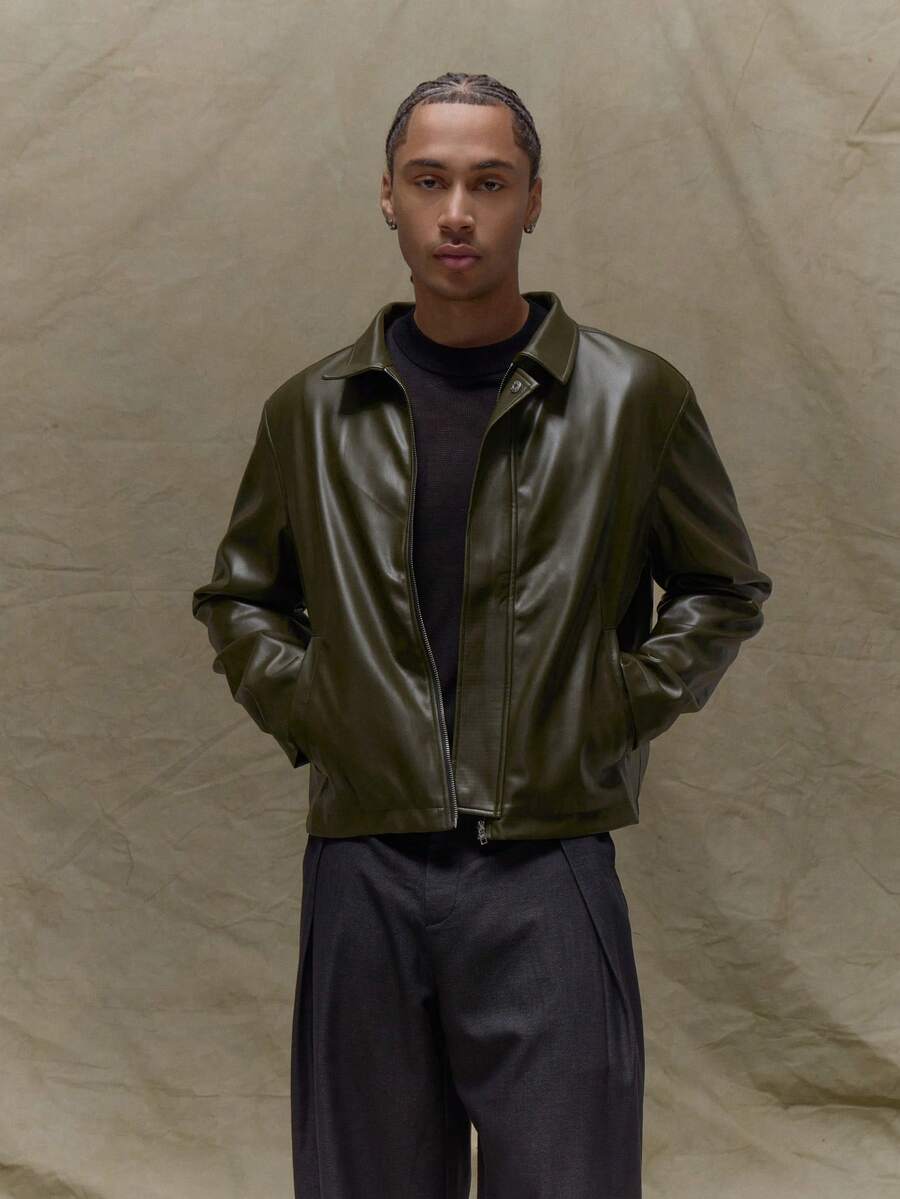 Boxy Fit Leather Long Sleeve Leather Jacket