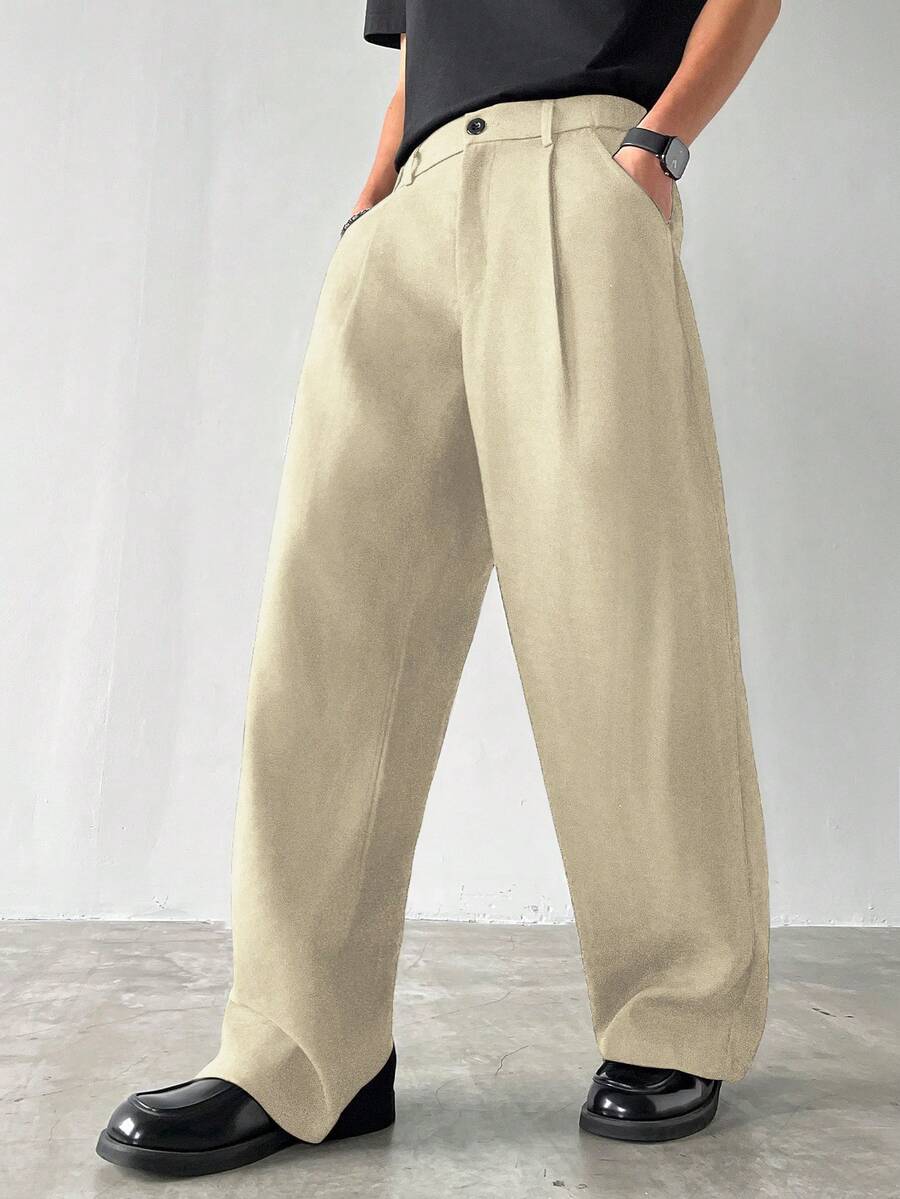 Claim Dot Men's Thick Wide Leg Pants, Solid Color With Pockets, Pleated, Loose Fit, Autumn