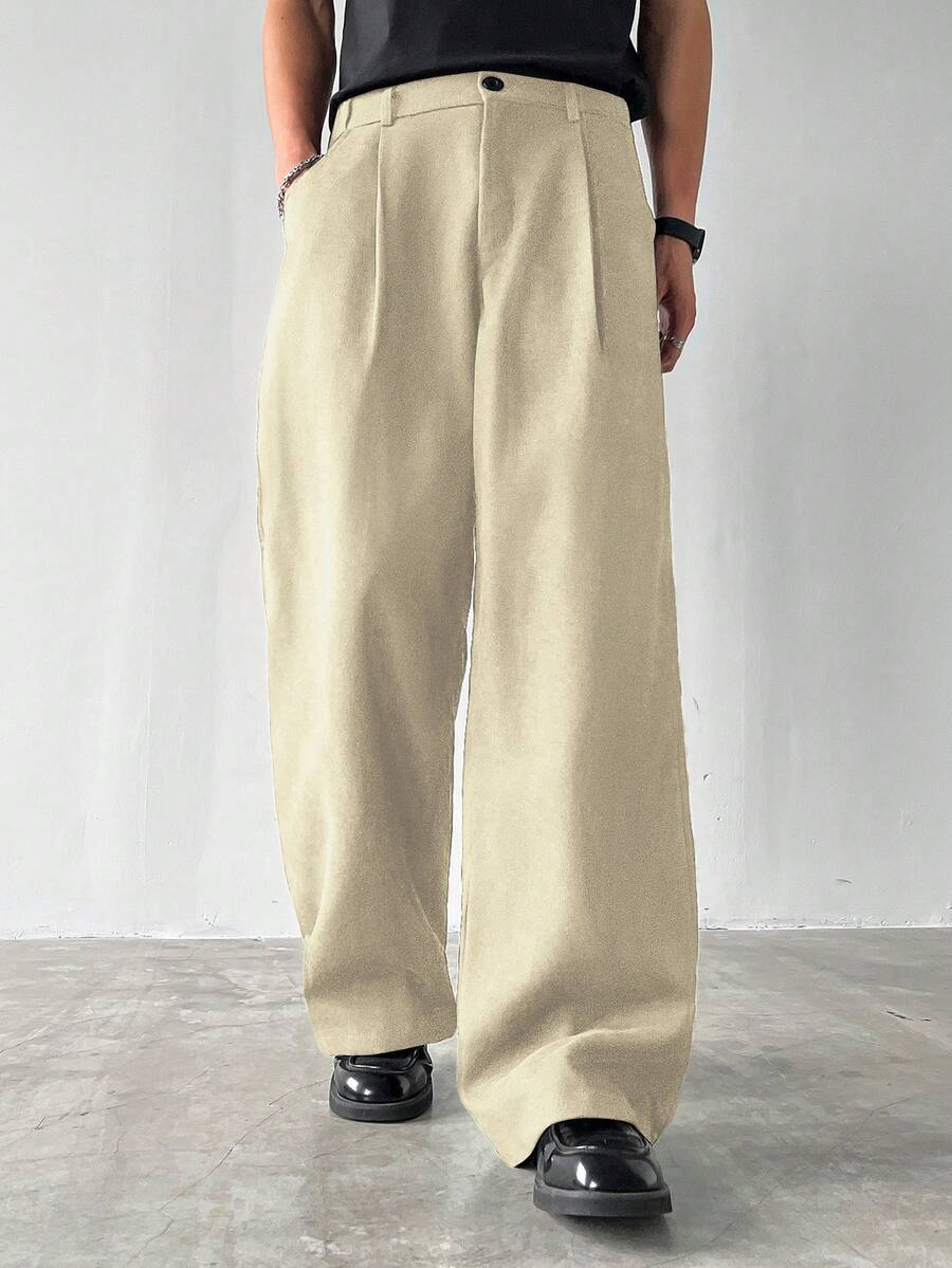 Claim Dot Men's Thick Wide Leg Pants, Solid Color With Pockets, Pleated, Loose Fit, Autumn