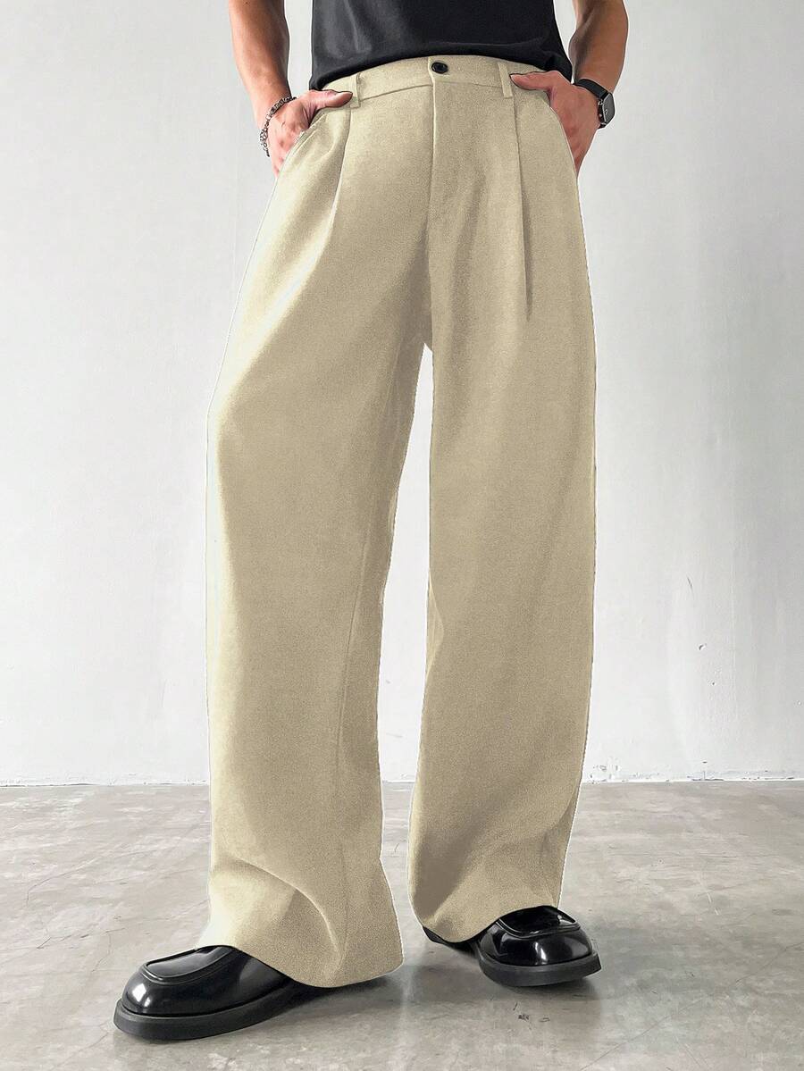 Claim Dot Men's Thick Wide Leg Pants, Solid Color With Pockets, Pleated, Loose Fit, Autumn