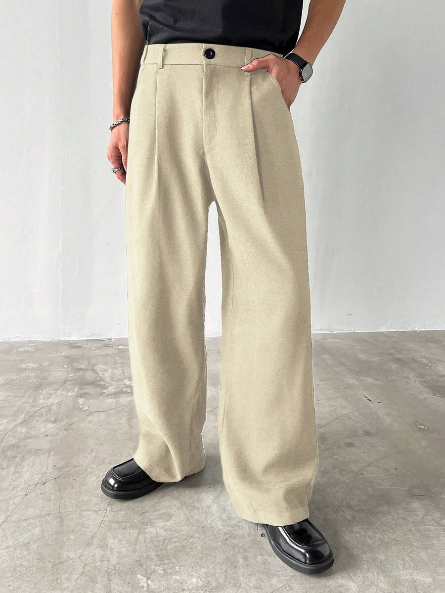 Claim Dot Men's Thick Wide Leg Pants, Solid Color With Pockets, Pleated, Loose Fit, Autumn