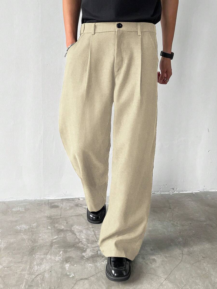 Claim Dot Men's Thick Wide Leg Pants, Solid Color With Pockets, Pleated, Loose Fit, Autumn