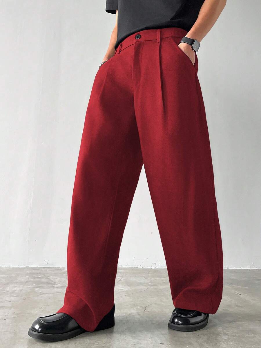 Claim Dot Men's Thick Wide Leg Pants, Solid Color With Pockets, Pleated, Loose Fit, Autumn