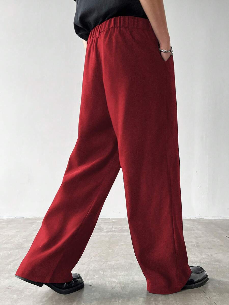 Claim Dot Men's Thick Wide Leg Pants, Solid Color With Pockets, Pleated, Loose Fit, Autumn