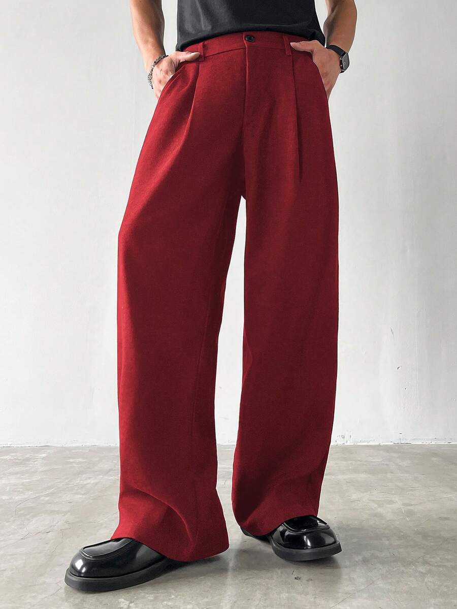 Claim Dot Men's Thick Wide Leg Pants, Solid Color With Pockets, Pleated, Loose Fit, Autumn