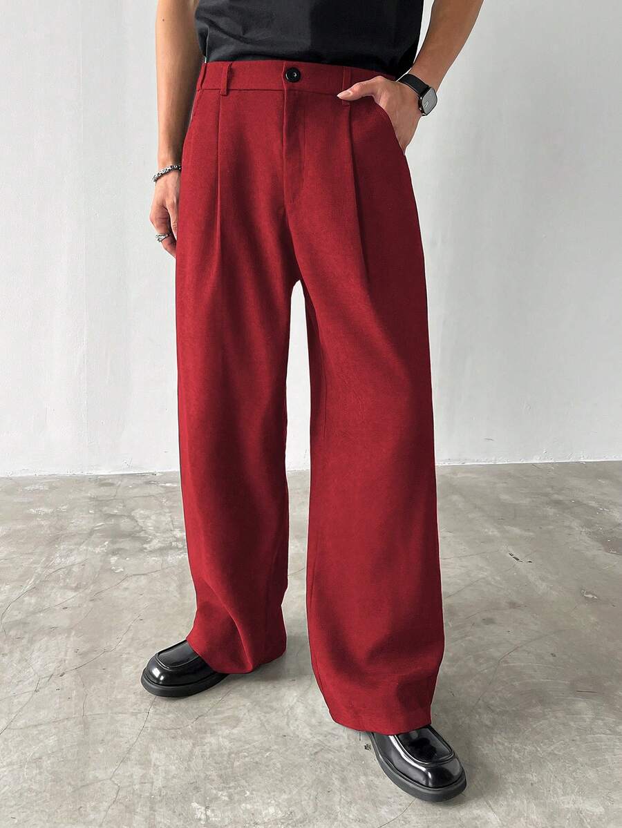 Claim Dot Men's Thick Wide Leg Pants, Solid Color With Pockets, Pleated, Loose Fit, Autumn